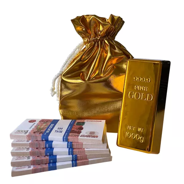 Мешок подарочный (деньги 10 пачек +слиток) золотой