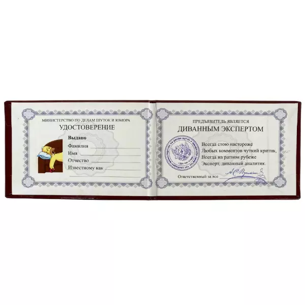 Шуточное удостоверение Диванного эксперта, фото 2