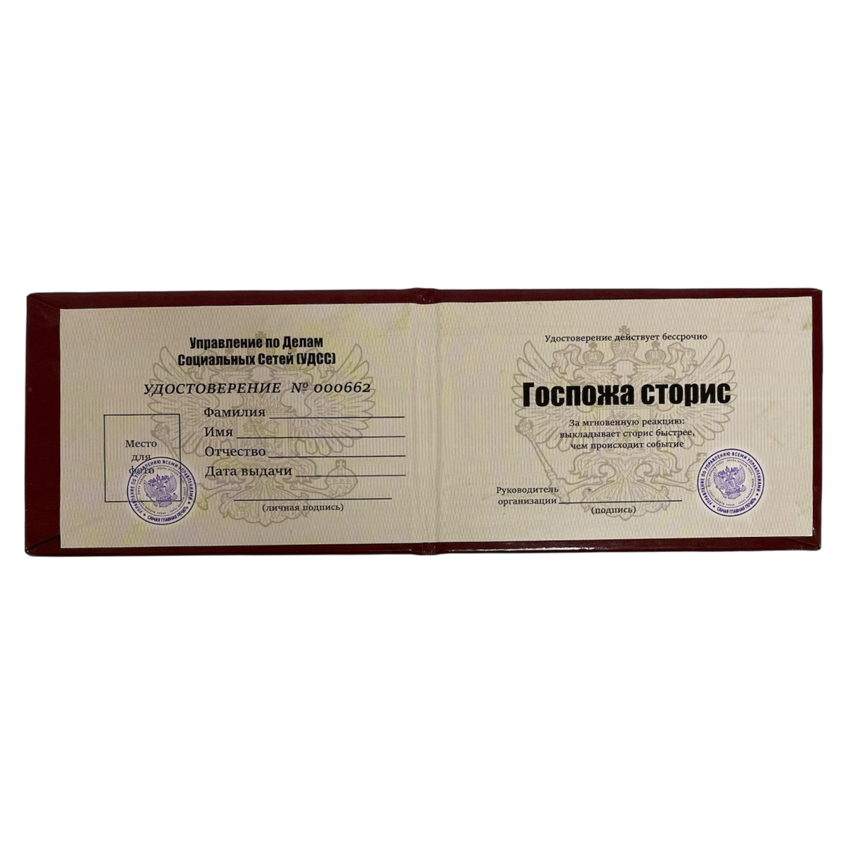 Шуточное удостоверение Госпожа сторис, фото 2