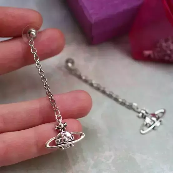 Серьги – подвески планета Сатурн на цепочке (серебряные)