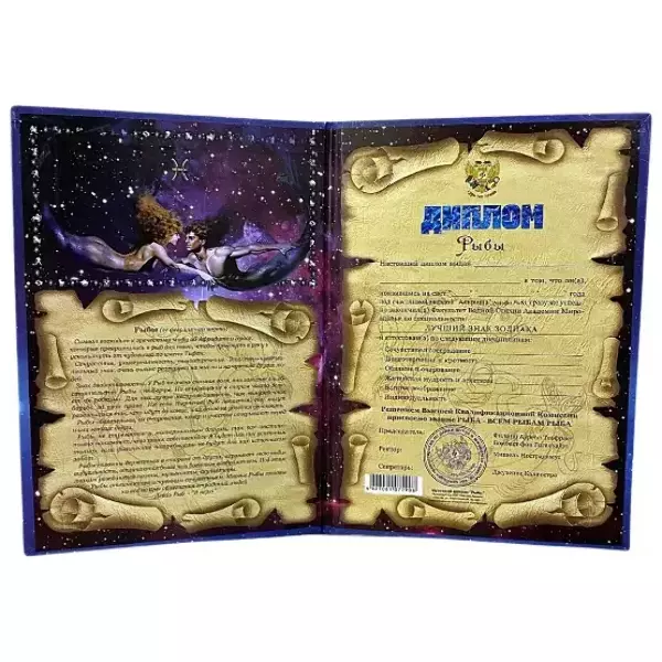 Диплом знака зодиака Рыбы (цветной, папка адресная 21 х 15 х 0,4 см), фото 3