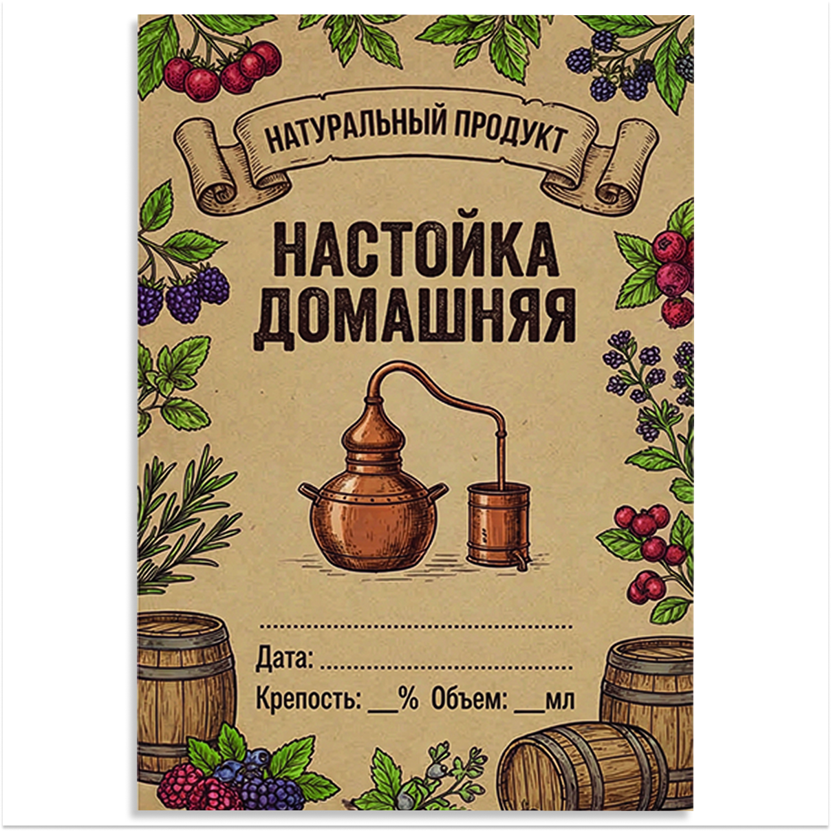 Наклейка на бутылку "Настойка домашняя. Натуральный продукт"  (12 шт)