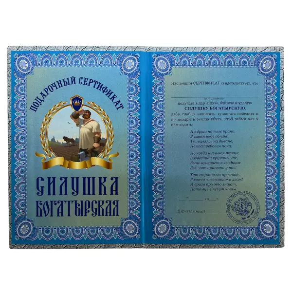 Сертификат на силушку богатырскую ламинированный 5+0
