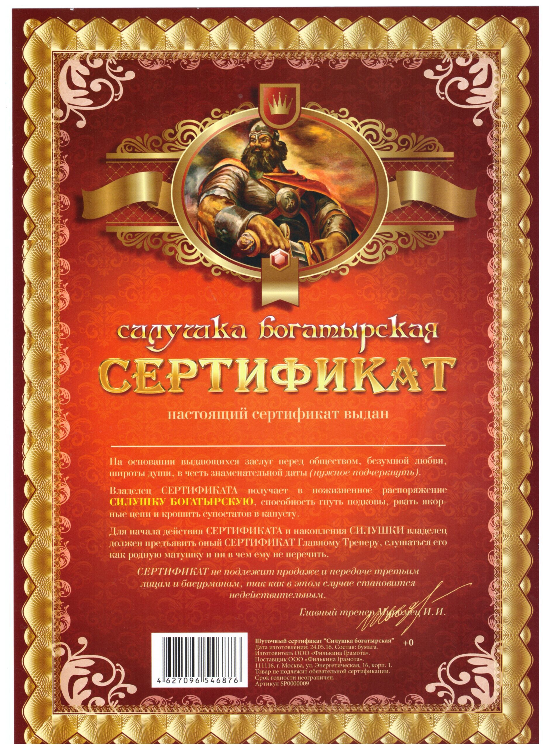 Сертификат на силушку богатырскую - без рамки А4