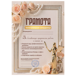 Грамота Замечательная сотрудница AB0000278 — розы и золотистое оформление