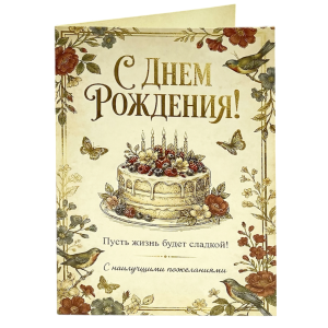 Открытка с ДР "Пусть жизнь будет сладкой" (торт)
