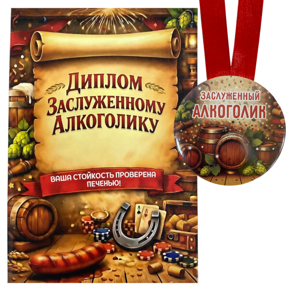 Диплом Заслуженного алкоголика + Медаль Заслуженный Алкоголик