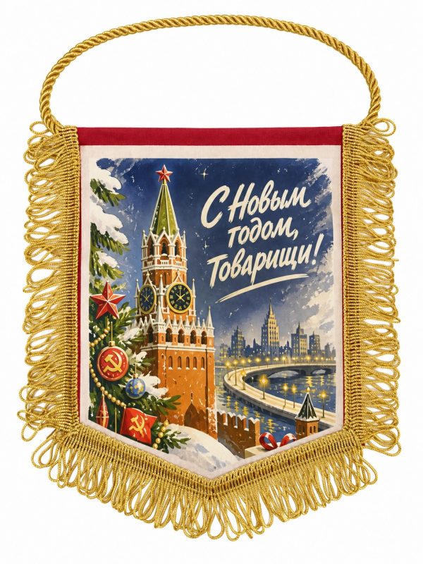 Вымпел «С Новым годом, товарищи!» с зимней Москвой, кремлёвской башней и золотистой бахромой, VMP00044